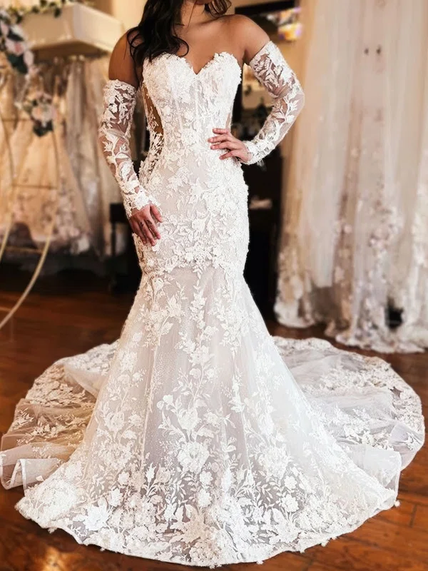 Trumpet/Mermaid Sweetheart Glitter Sweep Train Wedding Dresses With Appliques Lace #UKM00029046