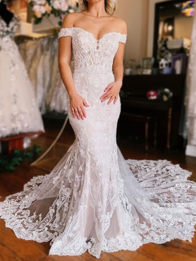 Trumpet/Mermaid Off-the-shoulder Lace Tulle Sweep Train Wedding Dresses With Appliques Lace #UKM00029047