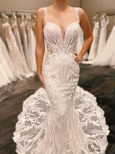 Trumpet/Mermaid V-neck Glitter Lace Court Train Wedding Dresses With Appliques Lace #UKM00029050