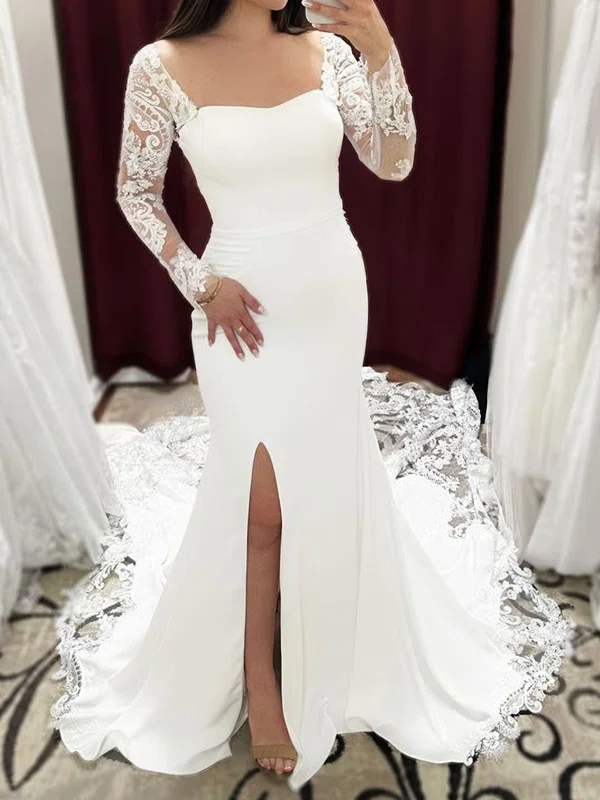 Trumpet/Mermaid V-neck Stretch Crepe Sweep Train Wedding Dresses With Appliques Lace #UKM00029053