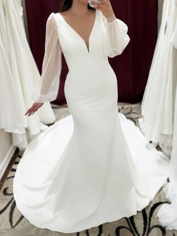 Trumpet/Mermaid V-neck Stretch Crepe Sweep Train Wedding Dresses #UKM00029056