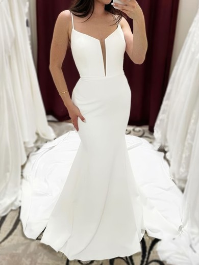 Trumpet/Mermaid V-neck Stretch Crepe Sweep Train Wedding Dresses #UKM00029057