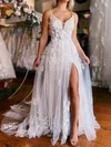 Ball Gown/Princess V-neck Glitter Tulle Sweep Train Wedding Dresses With Split Front #UKM00029059