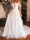 Ball Gown/Princess Off-the-shoulder Tulle Sweep Train Wedding Dresses With Flower(s) #UKM00029060