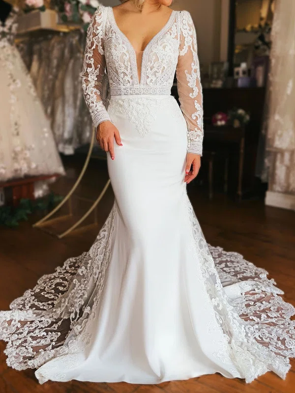 Sheath/Column V-neck Stretch Crepe Sweep Train Wedding Dresses With Appliques Lace #UKM00029063