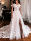 Ball Gown/Princess Off-the-shoulder Glitter Tulle Sweep Train Wedding Dresses With Split Front #UKM00029066