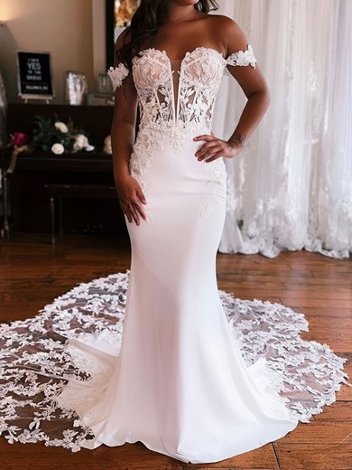 Sheath/Column Off-the-shoulder Stretch Crepe Sweep Train Wedding Dresses With Appliques Lace #UKM00029070