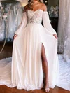 A-line Off-the-shoulder Chiffon Court Train Wedding Dresses With Split Front #UKM00029074