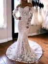 Trumpet/Mermaid Off-the-shoulder Glitter Sweep Train Wedding Dresses With Appliques Lace #UKM00029075