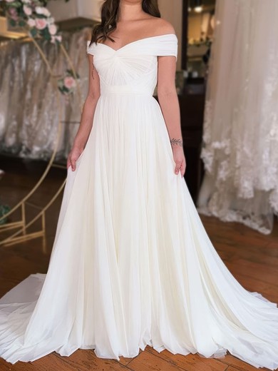 Ball Gown/Princess Off-the-shoulder Chiffon Sweep Train Wedding Dresses With Ruched|Split Front #UKM00029077