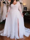 Ball Gown/Princess V-neck Glitter Sweep Train Wedding Dresses With Split Front #UKM00029079