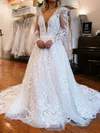 Ball Gown/Princess V-neck Tulle Sweep Train Wedding Dresses With Appliques Lace #UKM00029085