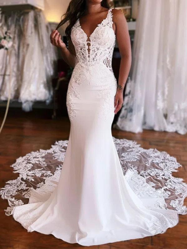 Trumpet/Mermaid V-neck Stretch Crepe Sweep Train Wedding Dresses With Appliques Lace #UKM00029087