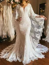 Trumpet/Mermaid V-neck Lace Sweep Train Wedding Dresses With Ruched #UKM00029088