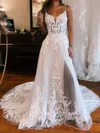 Ball Gown/Princess V-neck Glitter Sweep Train Wedding Dresses With Split Front #UKM00029089