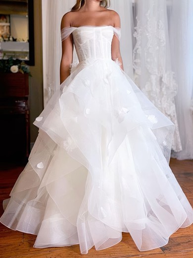 Ball Gown/Princess Off-the-shoulder Tulle Floor-length Wedding Dresses With Ruffles #UKM00029090