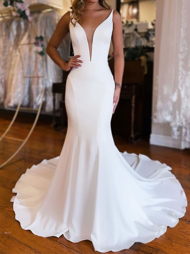 Trumpet/Mermaid V-neck Stretch Crepe Sweep Train Wedding Dresses #UKM00029091