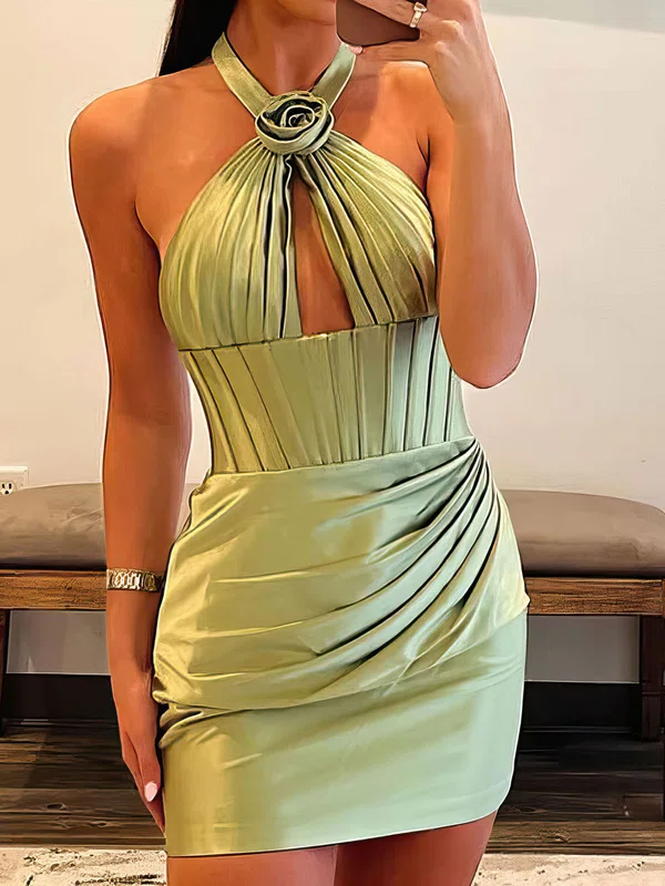 Sheath/Column Halter Satin Short Prom Dresses with Ruched #UKM02052047