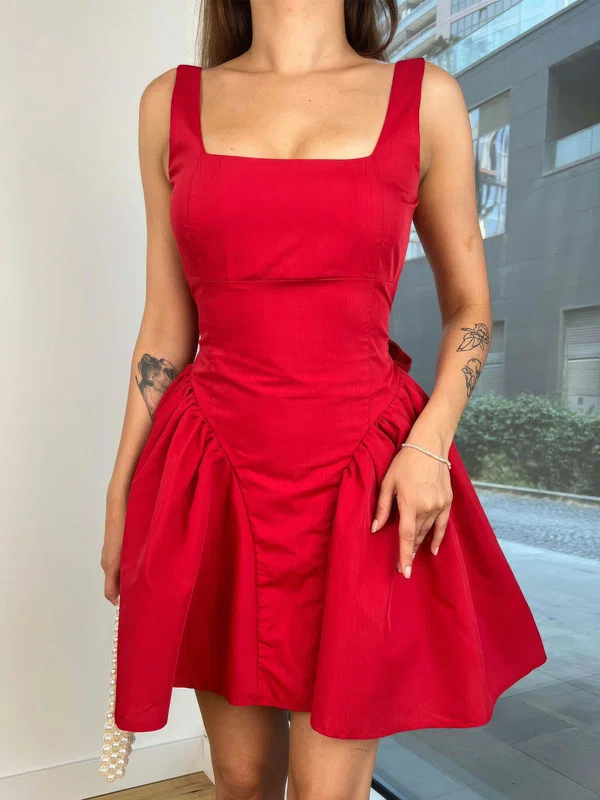 Red Square Neckline Satin Bow Mini Dress #UKM02054375