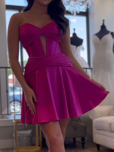 Fuchsia Cut Out Sweetheart Satin Ruched Mini Dress #UKM02054556