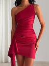 Champagne One Shoulder Satin Bodycon Short Prom Dresses With Ruffles #UKM02054593