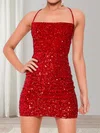 Red Square Neckline Sequin Backless Bodycon Short Prom Dresses #UKM02054644