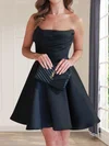 Elegant Black Skater Satin Ruched Short Prom Dresses #UKM02054664