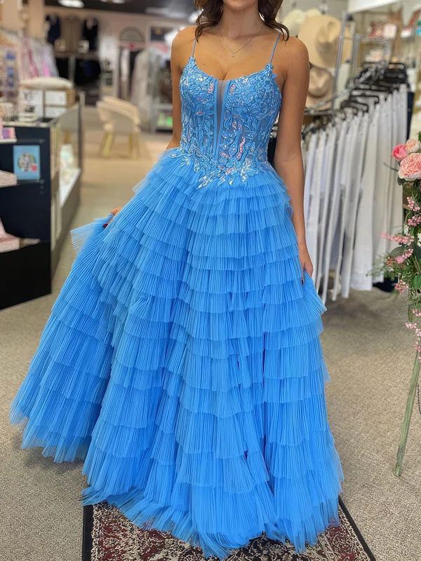 Ball Gown Scoop Neck Tulle Tiered Prom Dresses With Appliques #UKM020125016