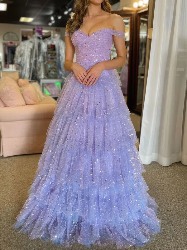 Ball Gown Off-the-shoulder Tulle Ruffle Tiered Prom Dresses #UKM020125037