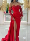 Sheath/Column Off-the-shoulder Satin Prom Dresses With Long Sleeves #UKM020125077