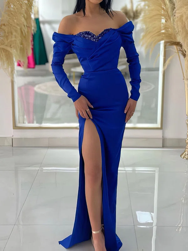 Sheath/Column Off-the-shoulder Satin Prom Dresses With Long Sleeves #UKM020125083