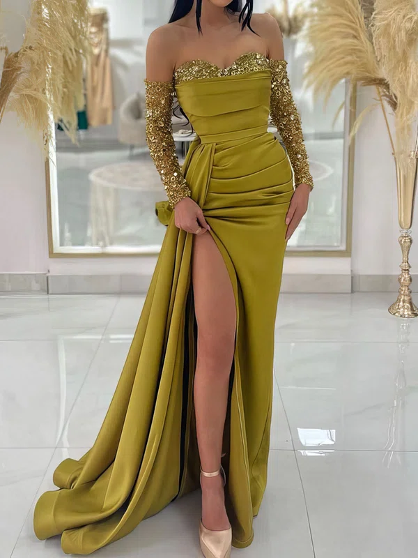 Sheath/Column Off-the-shoulder Satin Prom Dresses With Long Sleeves #UKM020125090