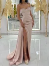Sheath/Column Strapless Ruched Satin Prom Dresses With Beading #UKM020125095