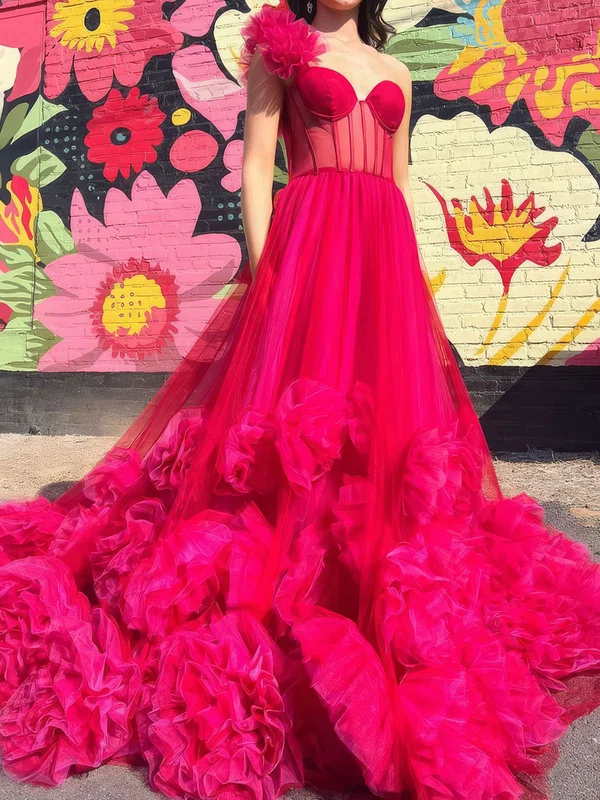 Princess One Shoulder Tulle Ruffle Prom Dresses #UKM020125105