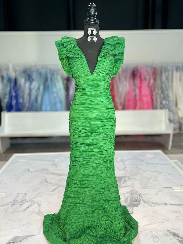 Mermaid V-neck Taffeta Prom Dresses With Ruched #UKM020125116