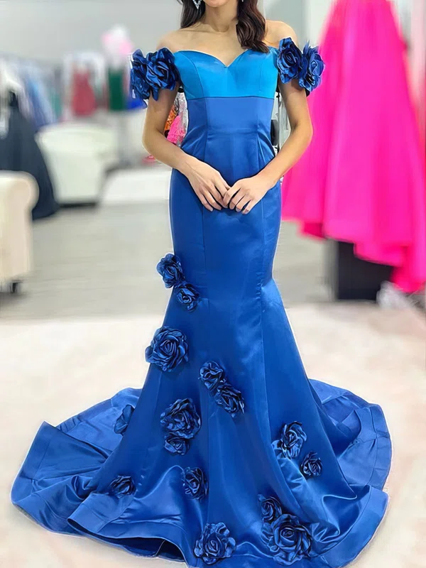 Mermaid Off-the-shoulder Satin 3D Floral Prom Dresses #UKM020125117