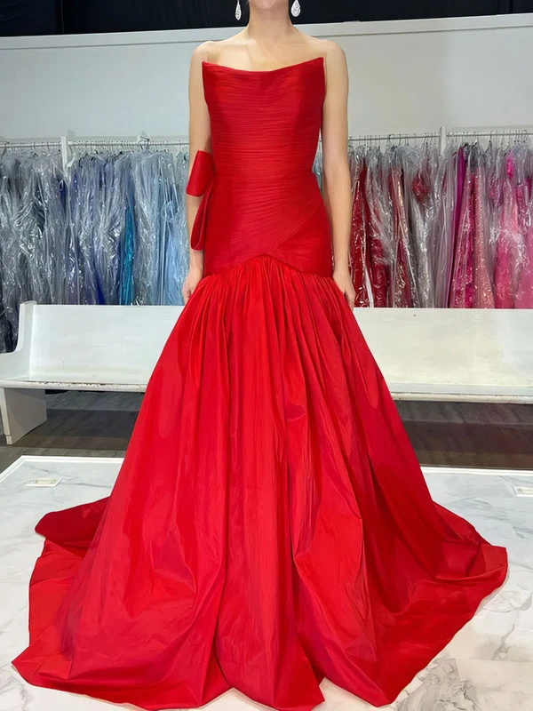 Mermaid Strapless Ruched Satin Prom Dresses With Bow #UKM020125122