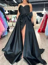 Black Ball Gown V-neck Satin Prom Dresses With Ruched #UKM020125129