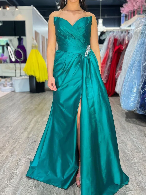 Sheath/Column V-neck Satin Prom Dresses With Ruched #UKM020125131