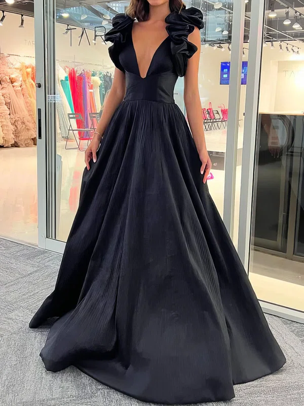 Black Ball Gown V-neck Satin Prom Dresses With Ruched #UKM020125134
