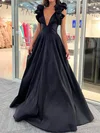 Black Ball Gown V-neck Satin Prom Dresses With Ruched #UKM020125134