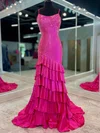 Mermaid V-neck Satin Tiered Prom Dresses With Beading #UKM020125139