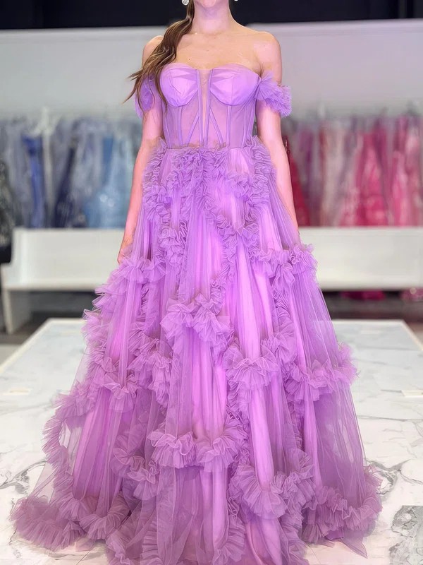 Ball Gown Off-the-shoulder Tulle Ruffle Prom Dresses #UKM020125143