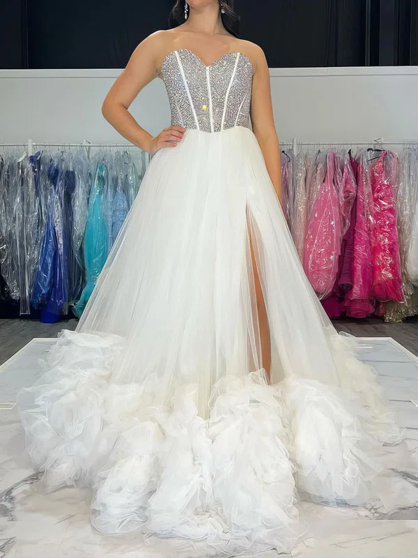 Princess Strapless Tulle Ruffle Prom Dresses With Beading #UKM020125145