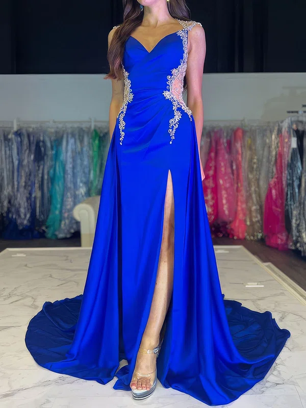 Sheath/Column V-neck Satin Prom Dresses With Appliques #UKM020125150