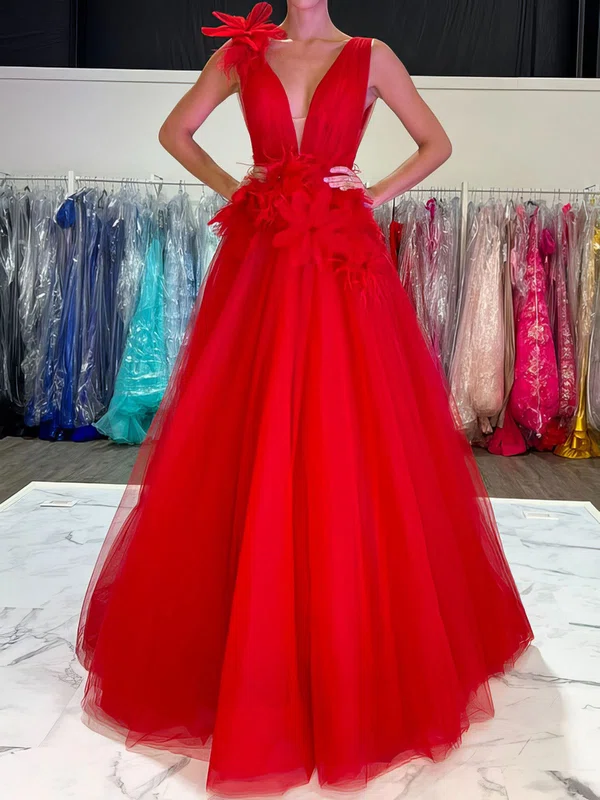 Ball Gown V-neck Tulle 3D Floral Prom Dresses With Ruched #UKM020125154