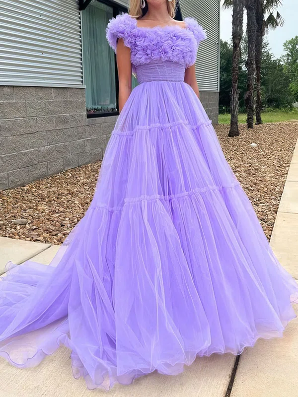 Ball Gown Square Neck Tulle Ruffle Prom Dresses With Ruched #UKM020125155