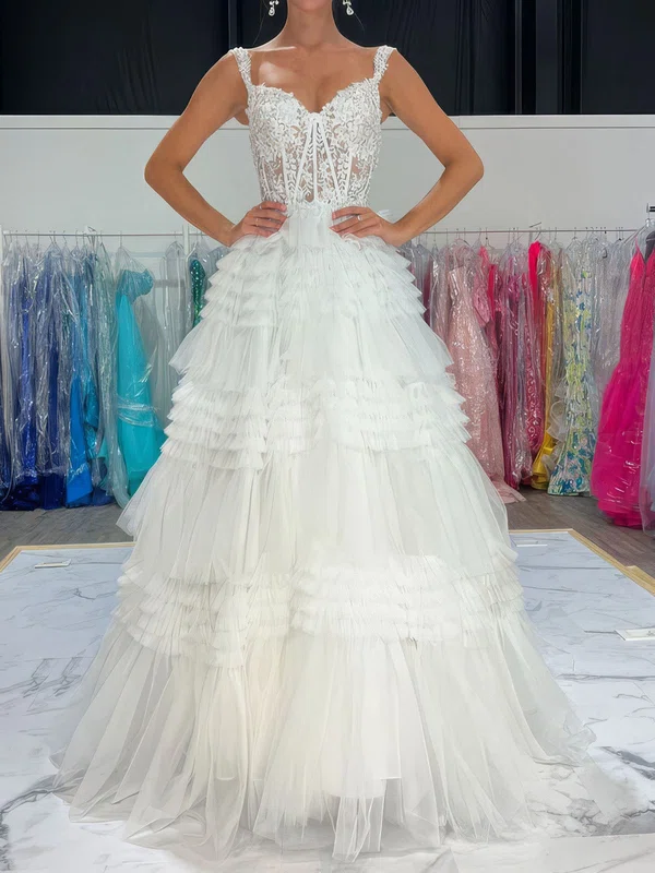 Ball Gown Sweetheart Tulle Ruffle Tiered Prom Dresses With Appliques #UKM020125156