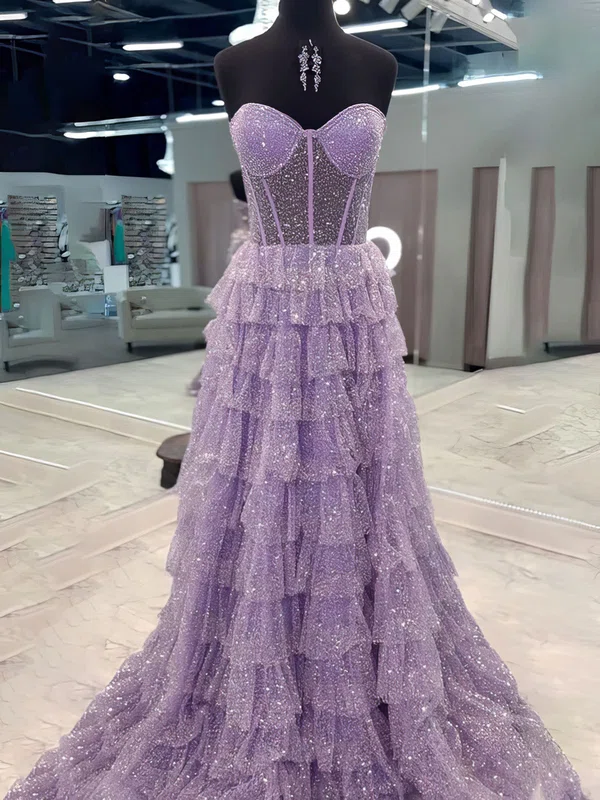 Ball Gown Strapless Tulle Ruffle Tiered Prom Dresses With Ruched #UKM020125163