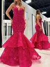 Mermaid V-neck Lace Tulle Cut Out Prom Dresses With Appliques #UKM020125186